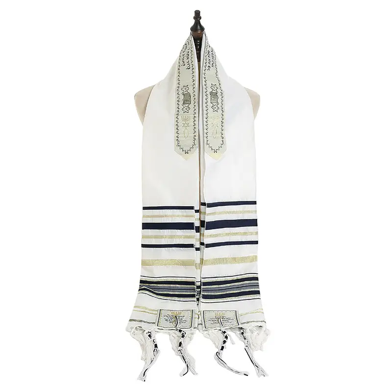 Prayer Shawl Scarf White Blue Striped Tassel Trim - Image 12