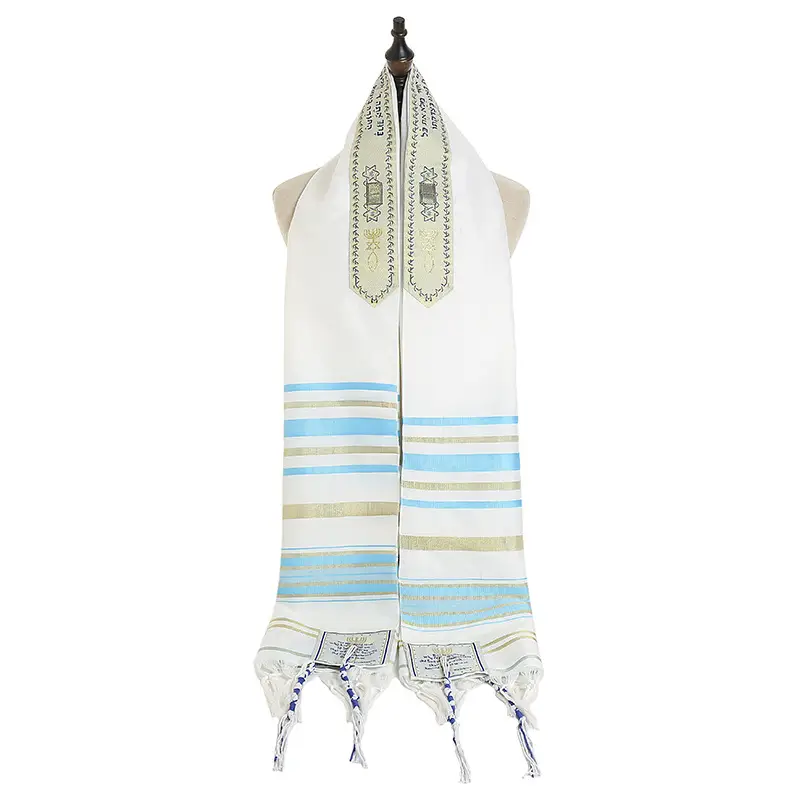 Prayer Shawl Scarf White Blue Striped Tassel Trim - Image 13