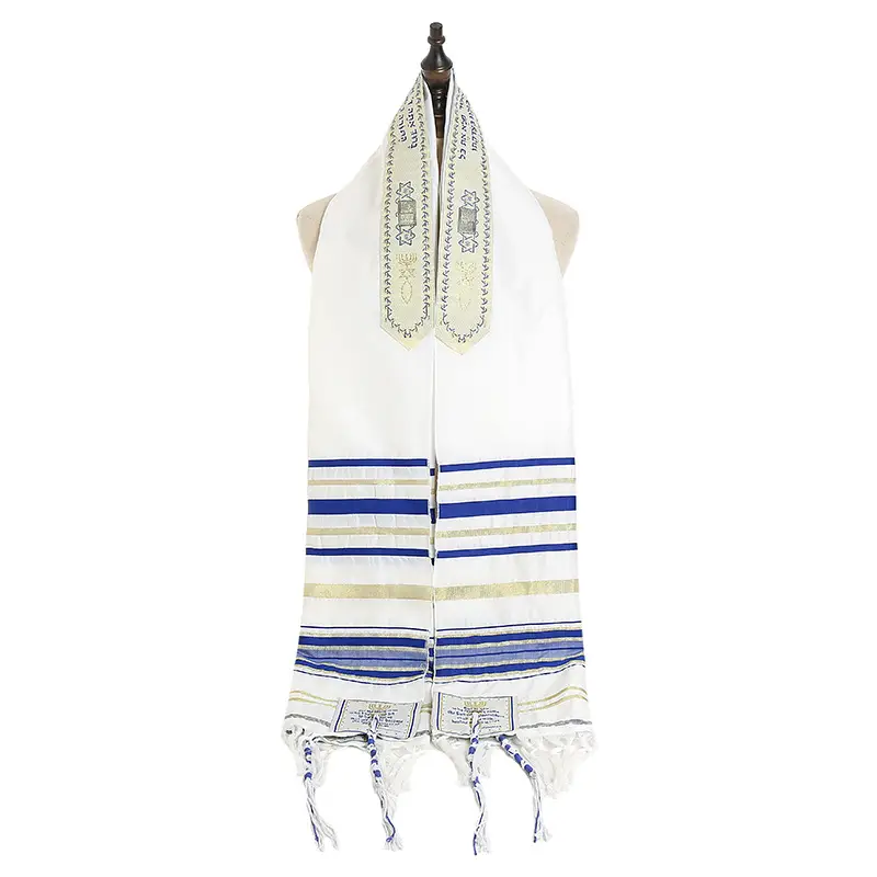 Prayer Shawl Scarf White Blue Striped Tassel Trim - Image 6