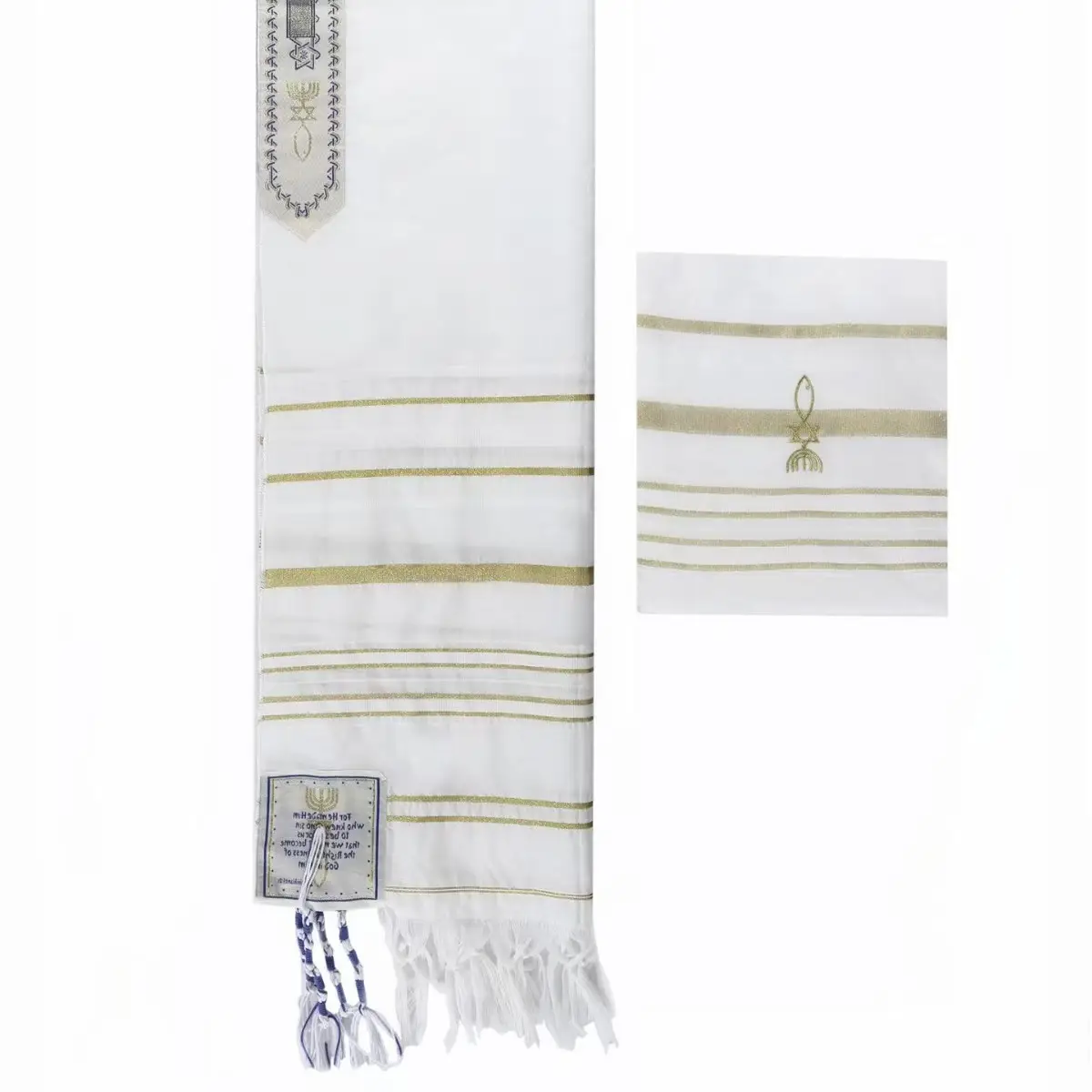 Prayer Shawl Scarf White Blue Striped Tassel Trim - Image 8