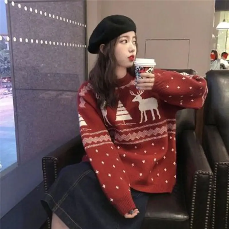 French Red Korean Style Women's Sweater Winter Outerwear - Image 4