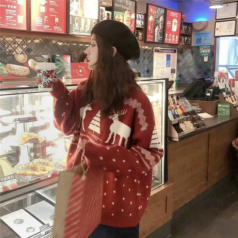 French Red Korean Style Women's Sweater Winter Outerwear - Image 5