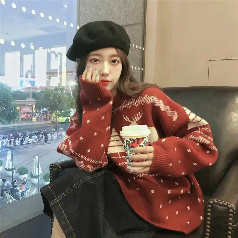 French Red Korean Style Women's Sweater Winter Outerwear — feature 3