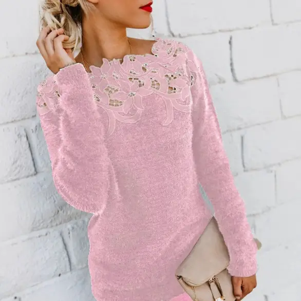 Lace Long Sleeve Sweater for Women Grey - Image 12