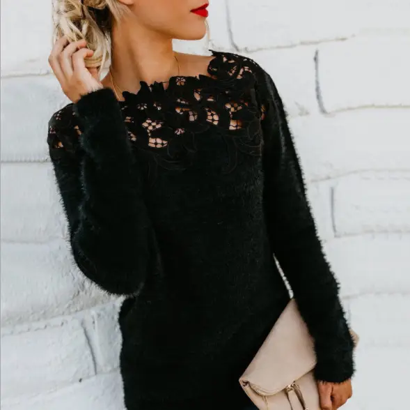 Lace Long Sleeve Sweater for Women Grey - Image 3