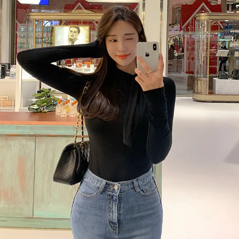 Women Korean Collar Strap Shirt Top Winter Slim Fit
