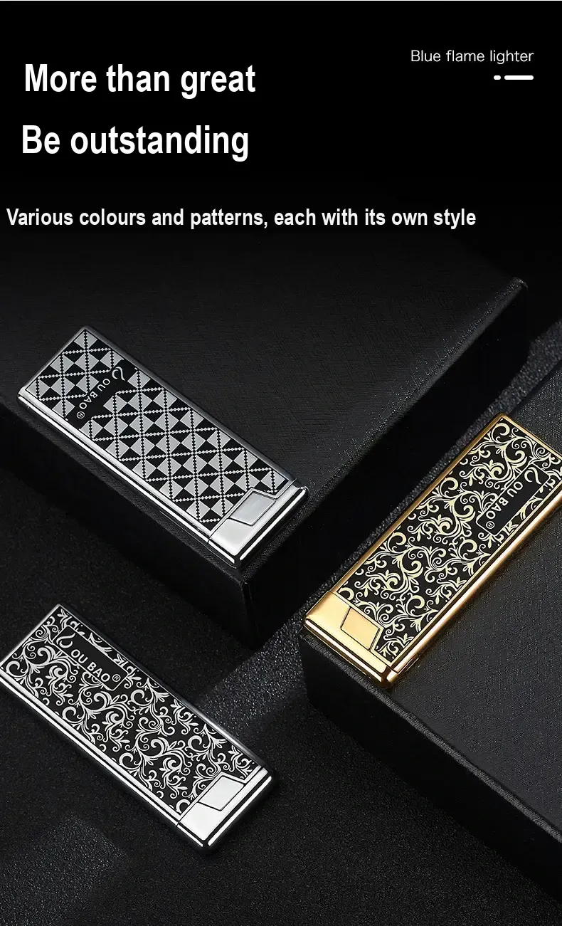 Patterned silver and gold lighters shown from above.