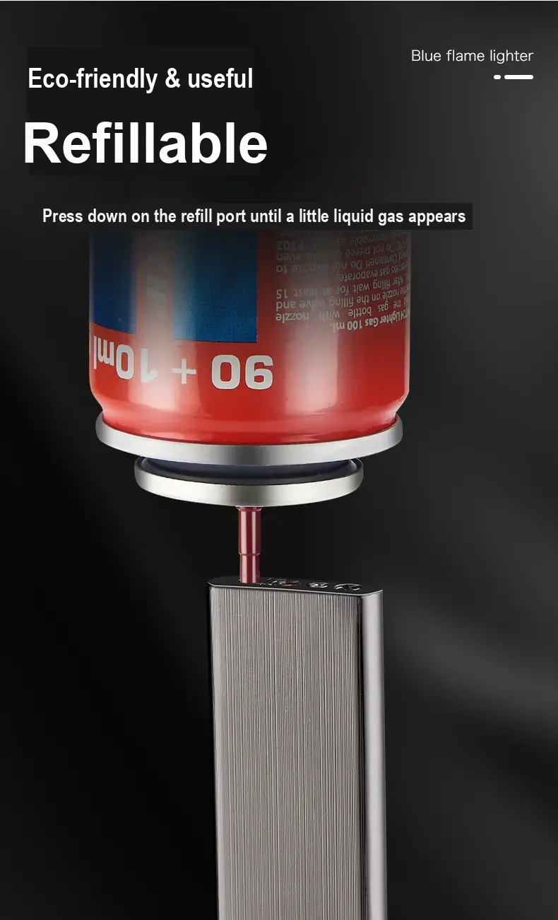 Gas canister positioned over a lighter's refill port, with Chinese instructions.