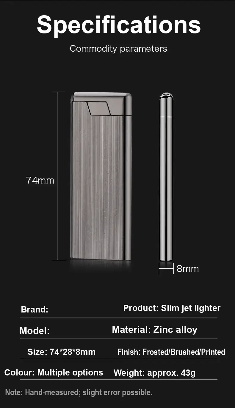 Lighter diagram showing 74 mm height and 8 mm thickness.