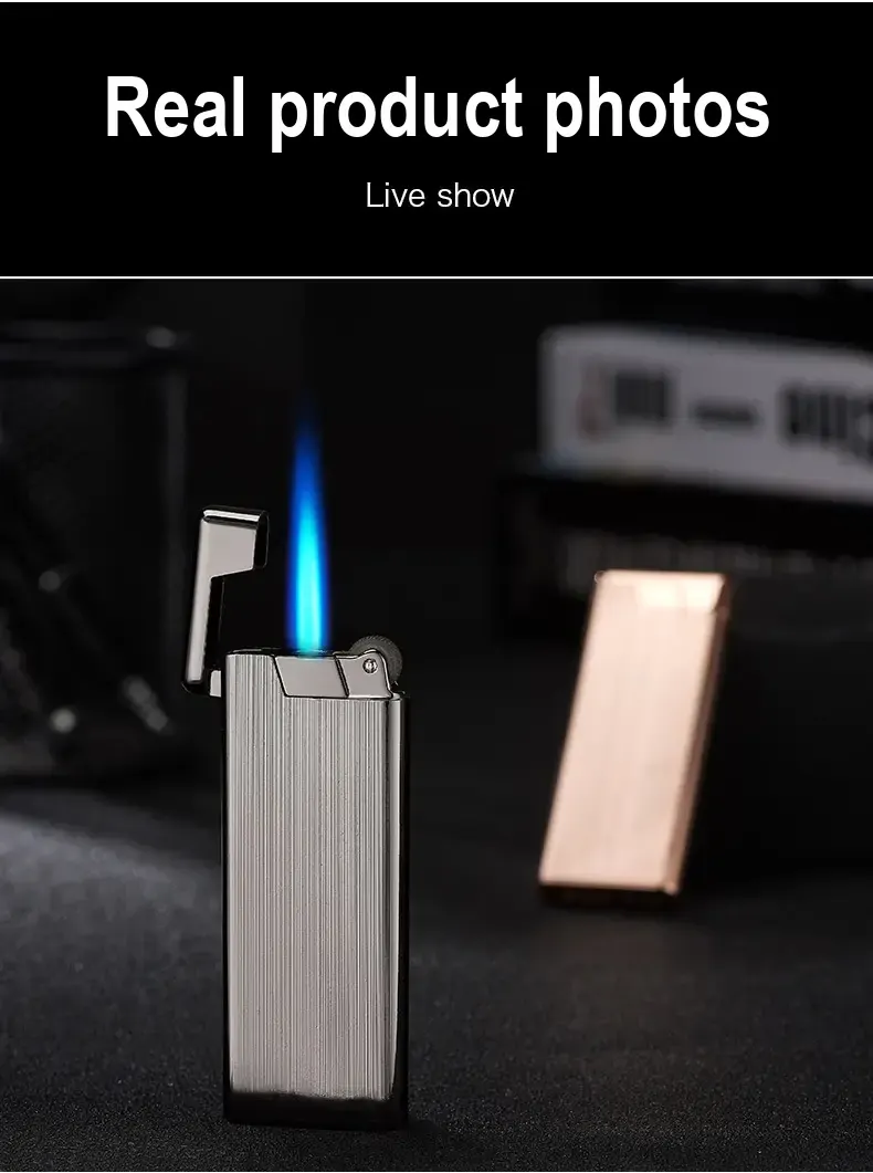 Open silver lighter producing a blue flame, with another lighter in the background.