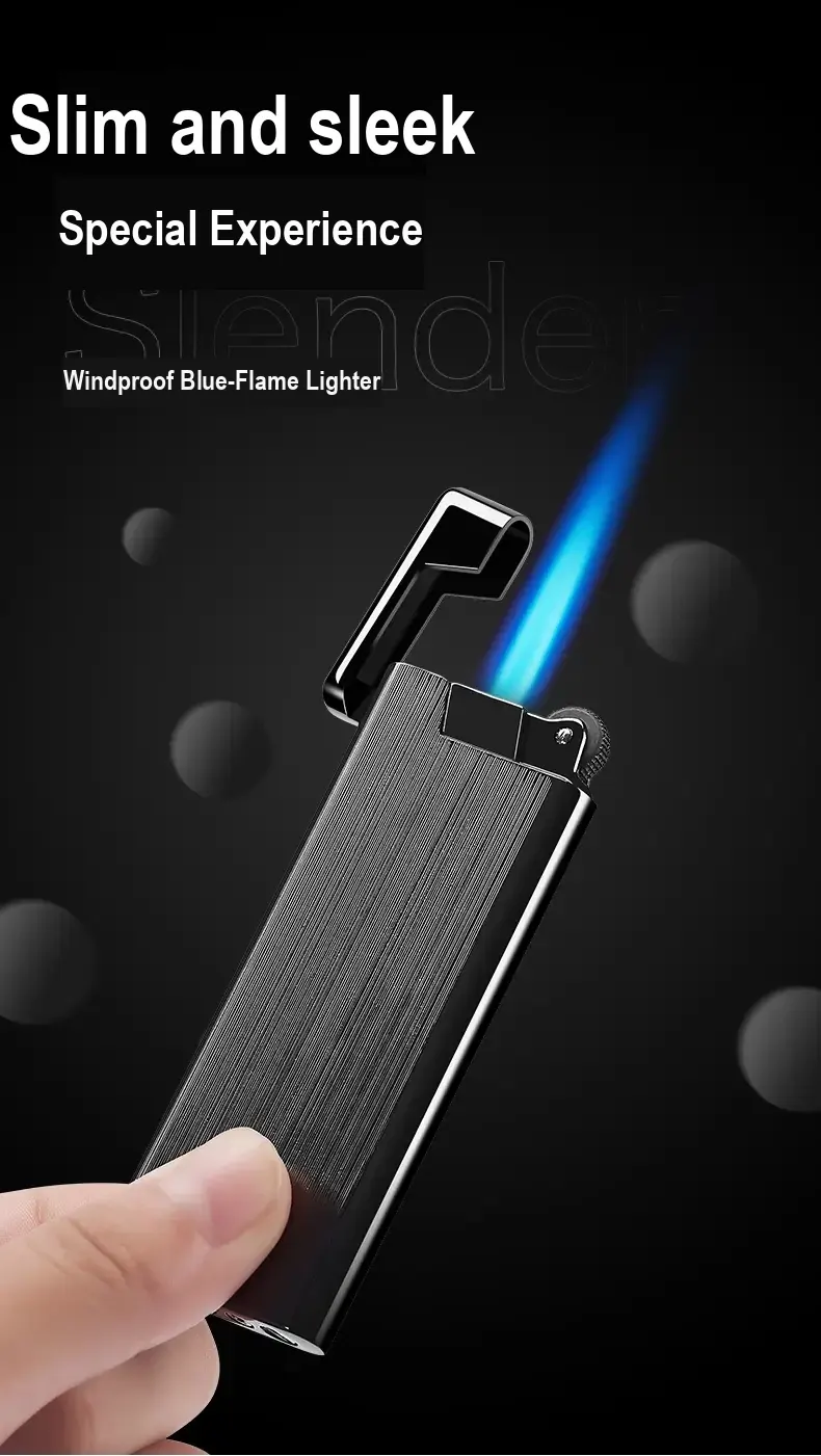 Open lighter with blue flame beneath Chinese promotional text.