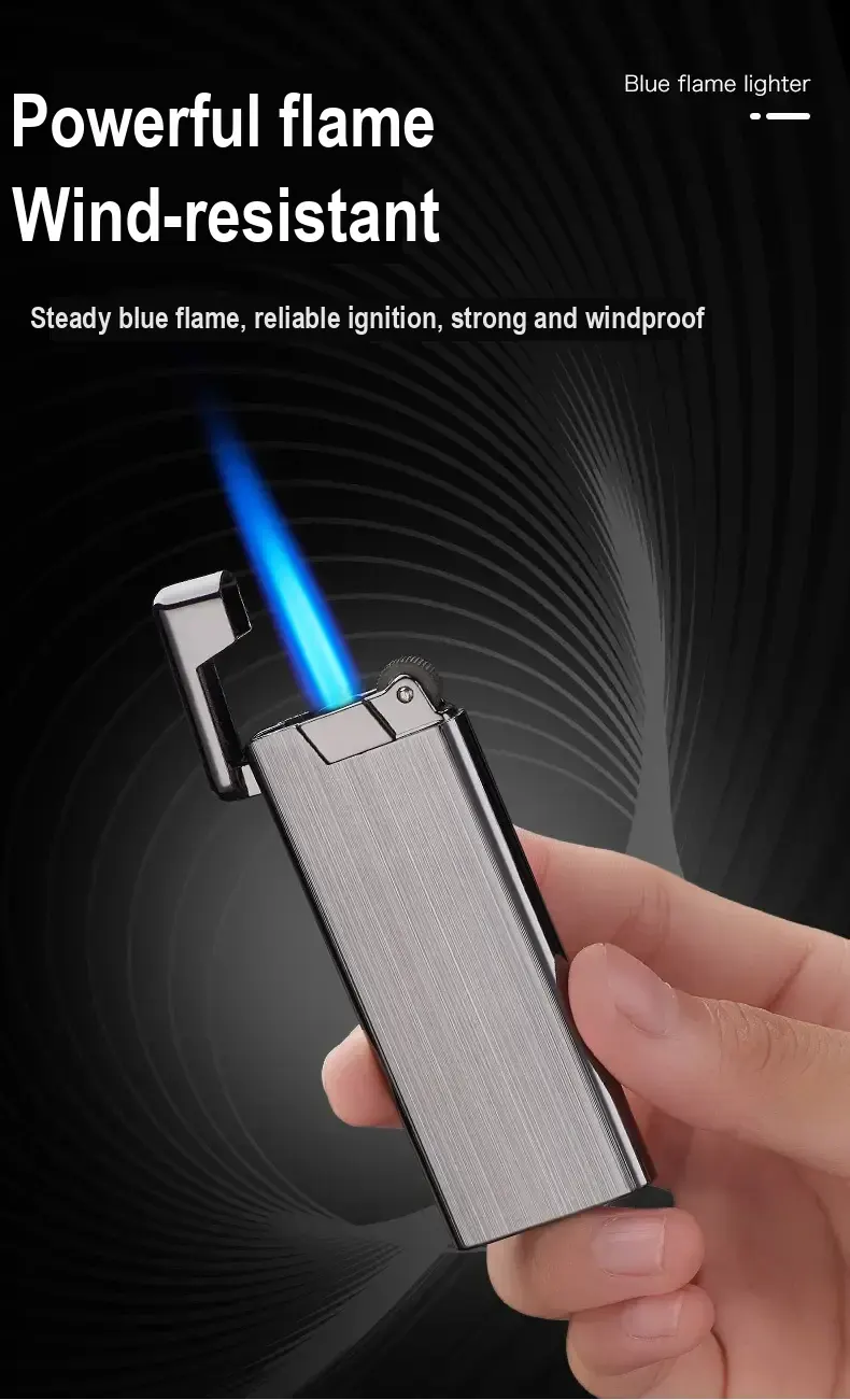 Silver lighter with a blue flame and Chinese feature text.