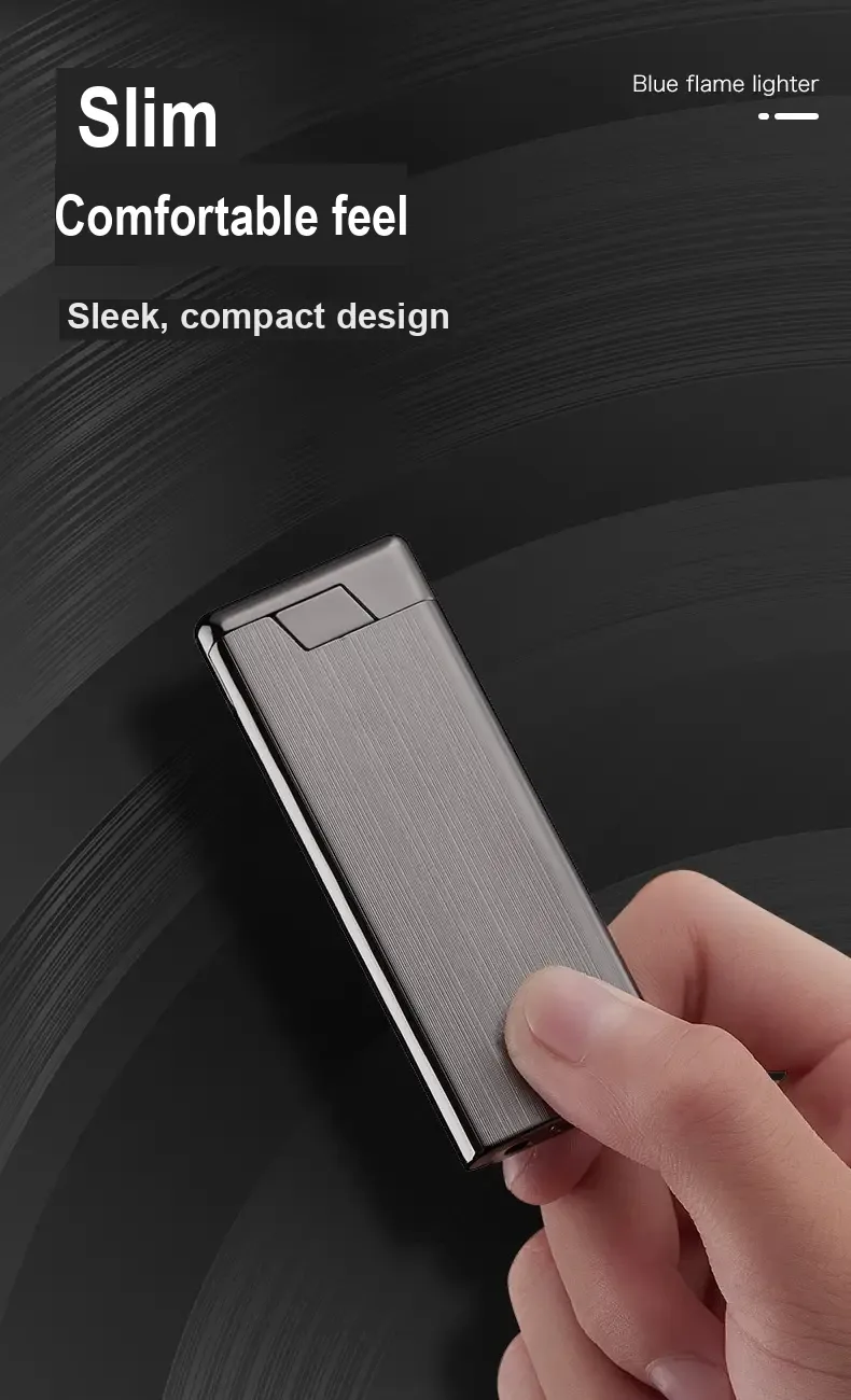 Silver brushed lighter held in a hand beneath Chinese text.