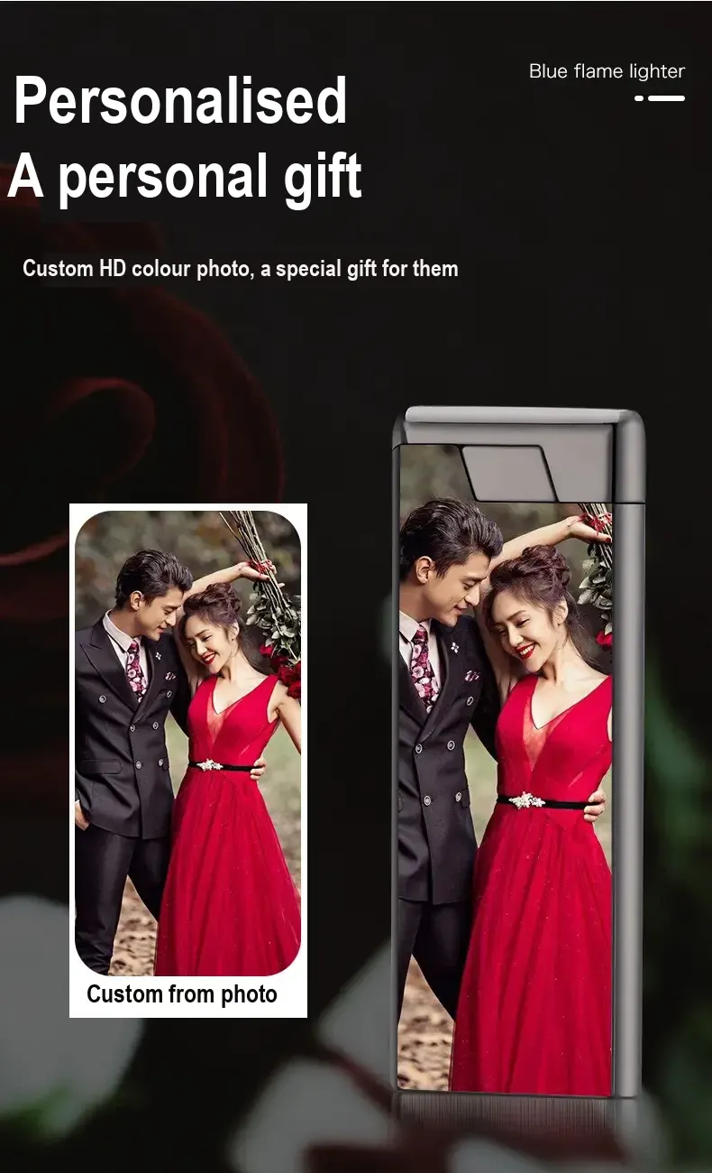 Lighter with a couple's photograph printed on its body, alongside the original photograph.