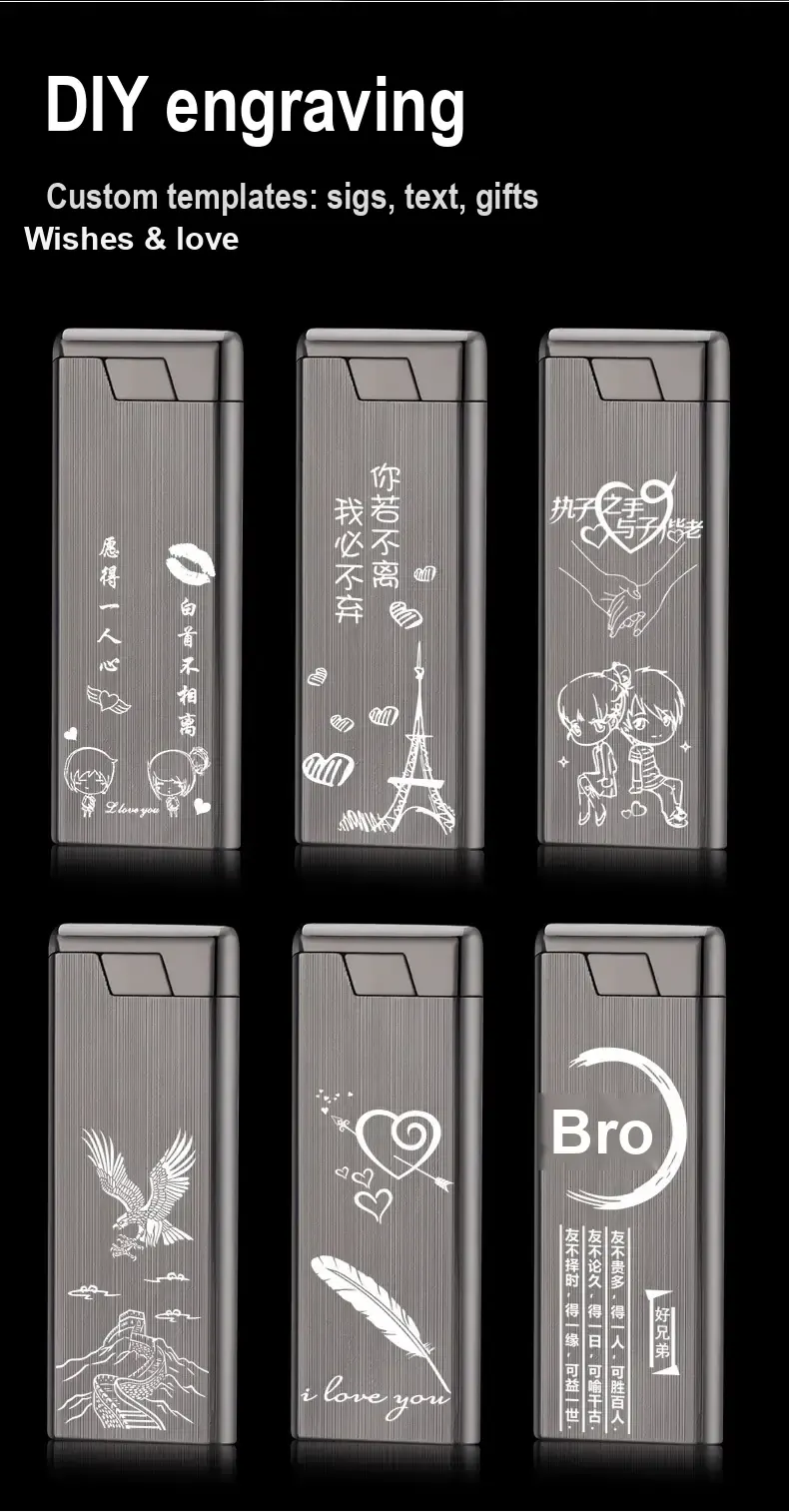 Examples of lighter bodies with engraved text and illustrations.