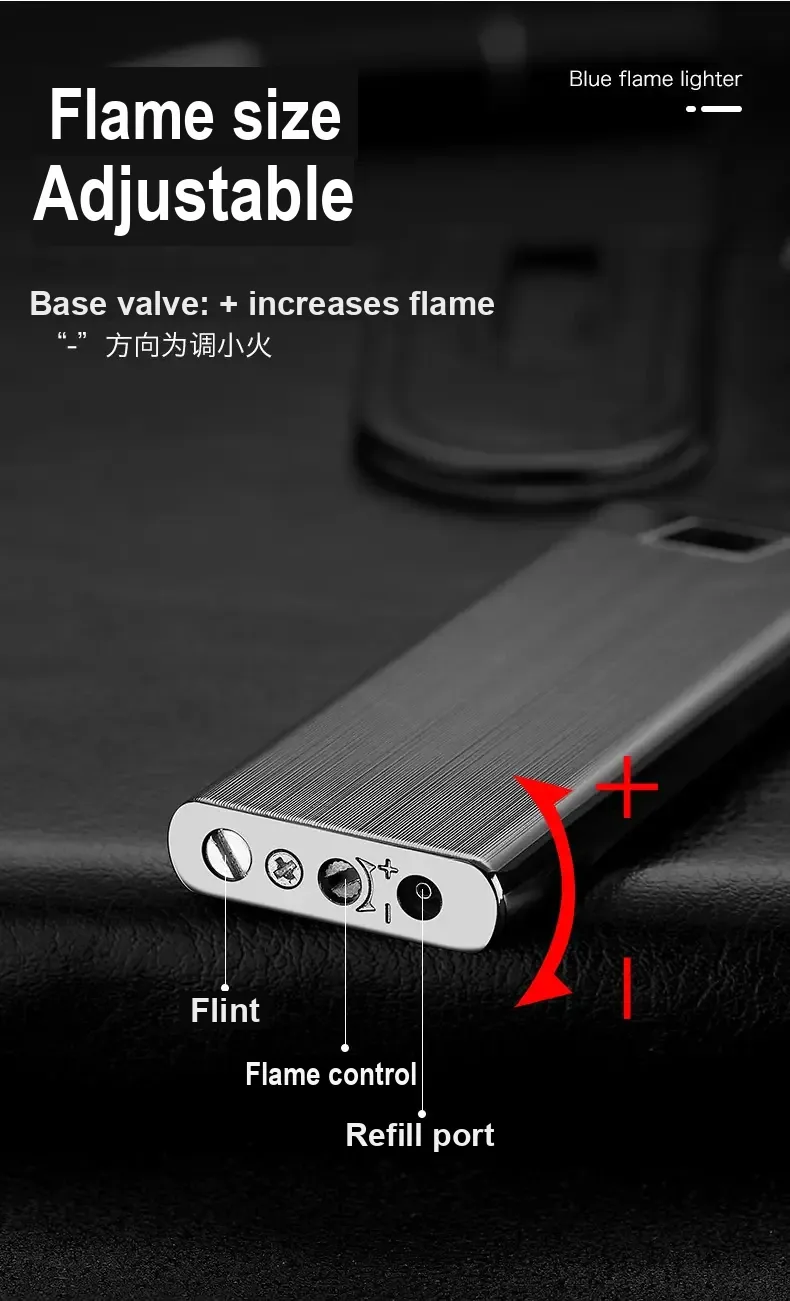 Lighter base with flame adjustment control and plus and minus markings.