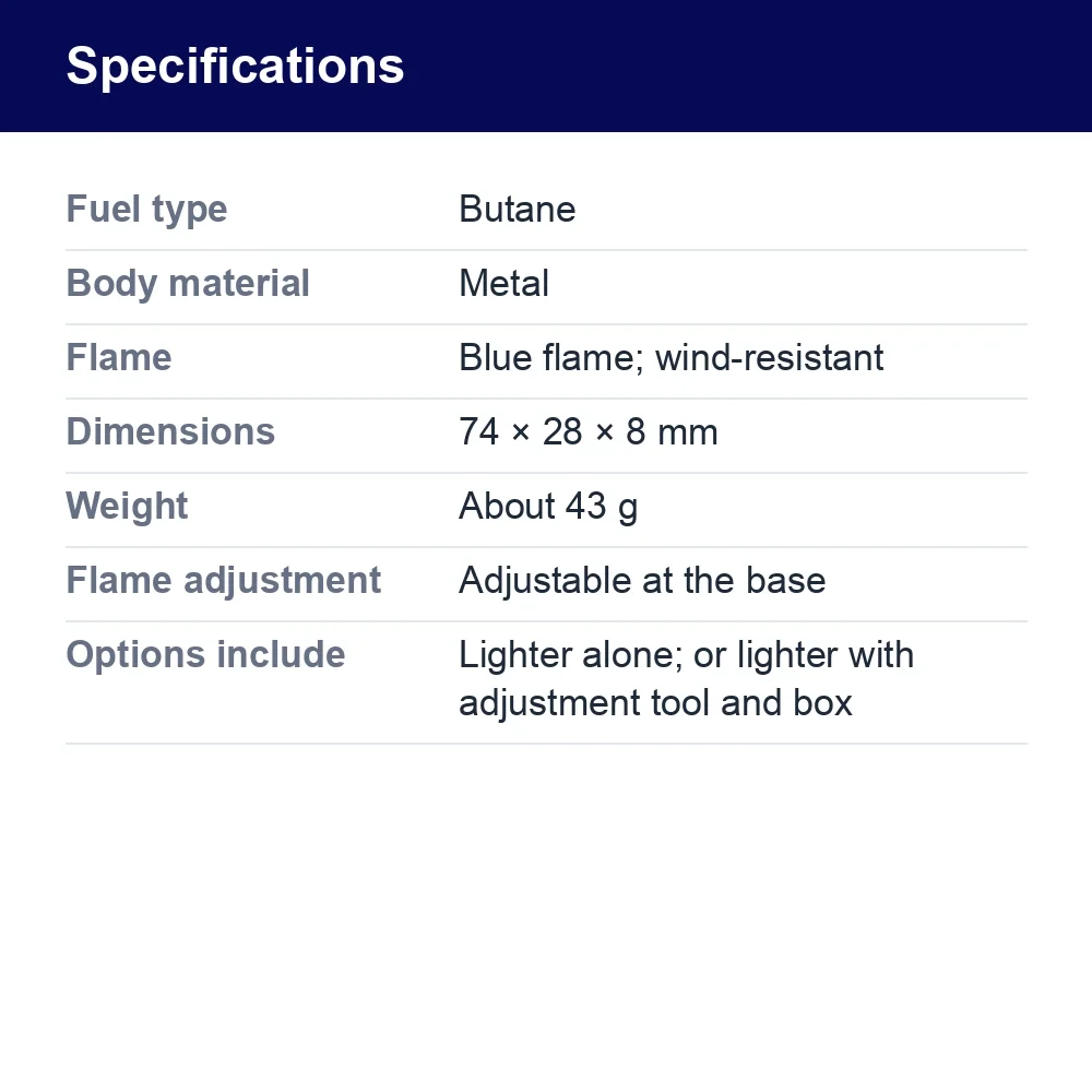 Slim Butane Blue-Flame Lighter, 74 × 28 × 8 mm – specifications