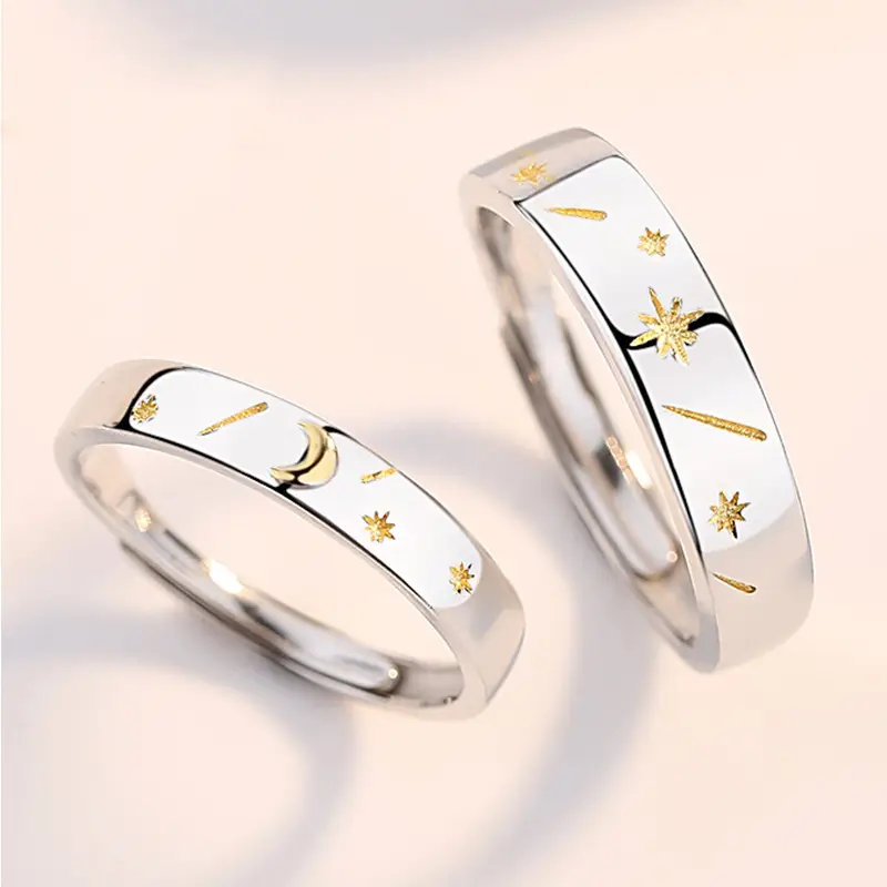 Couple Rings New Sun Moon Star Adjustable Silver Gold