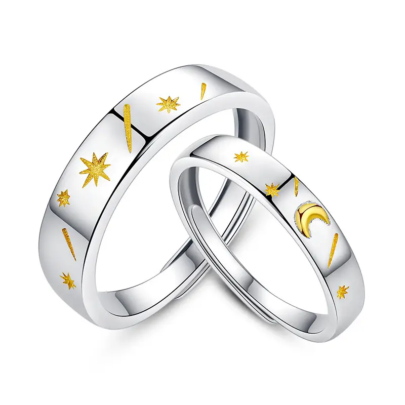 Couple Rings New Sun Moon Star Adjustable Silver Gold