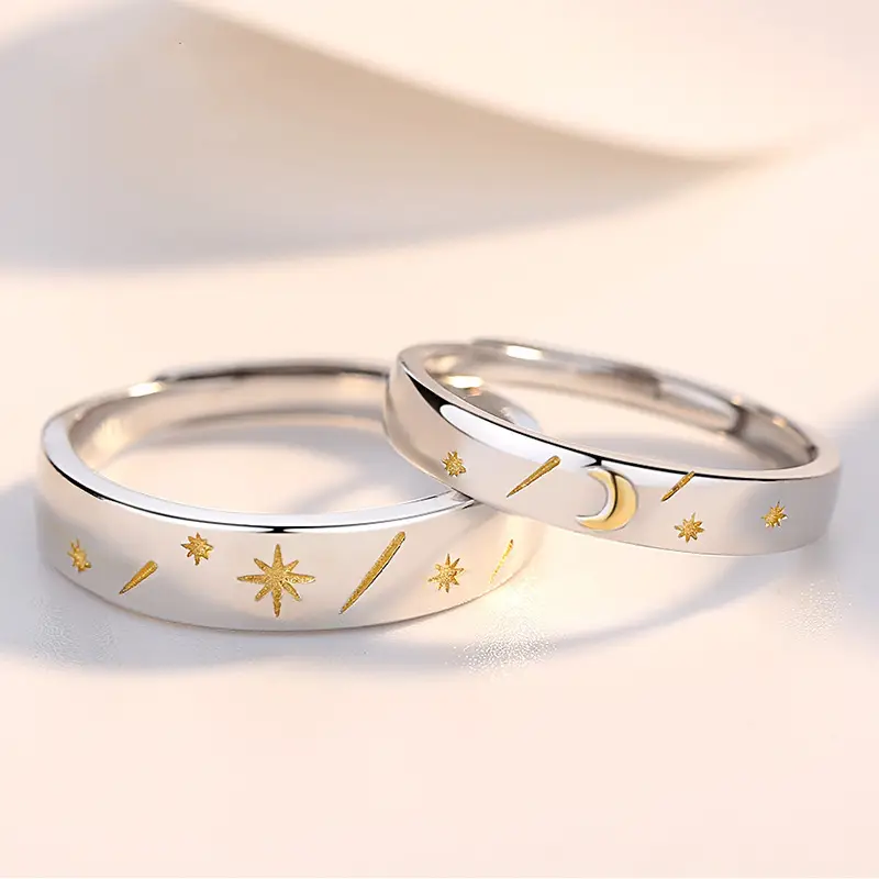 Couple Rings New Sun Moon Star Adjustable Silver Gold
