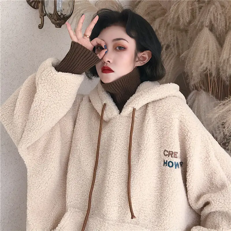 Women Fleece Lined Hoodie Beige 2025 Winter - Image 5