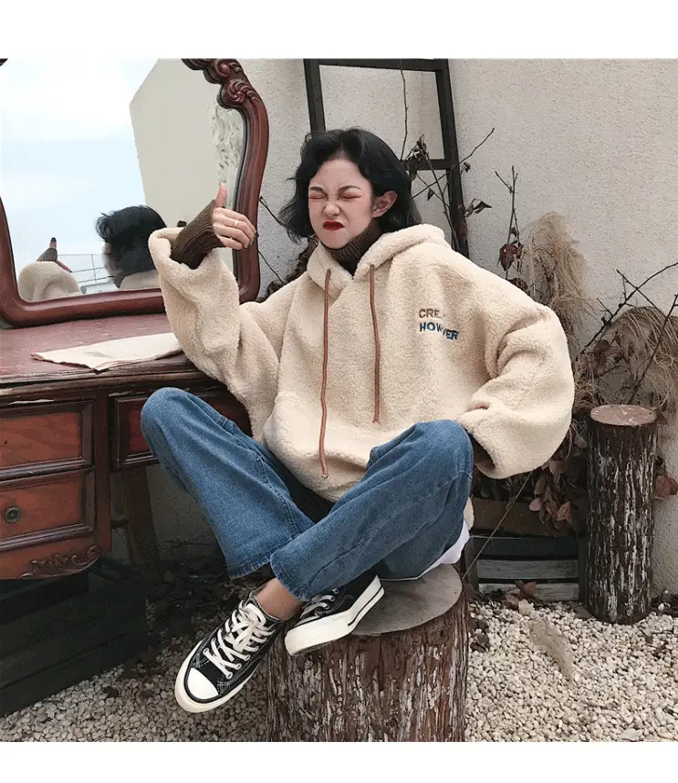 Women Fleece Lined Hoodie Beige 2025 Winter — feature 11