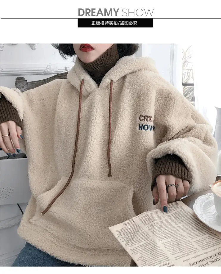 Women Fleece Lined Hoodie Beige 2025 Winter — feature 7