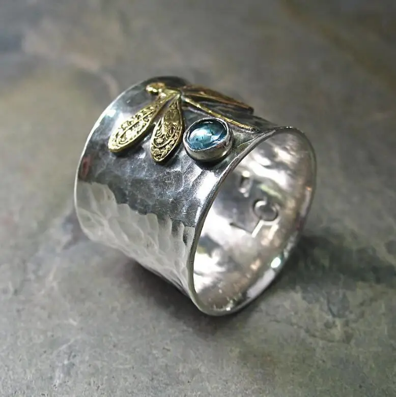 Vintage Dragonfly Silver Ring with Aquamarine Stone
