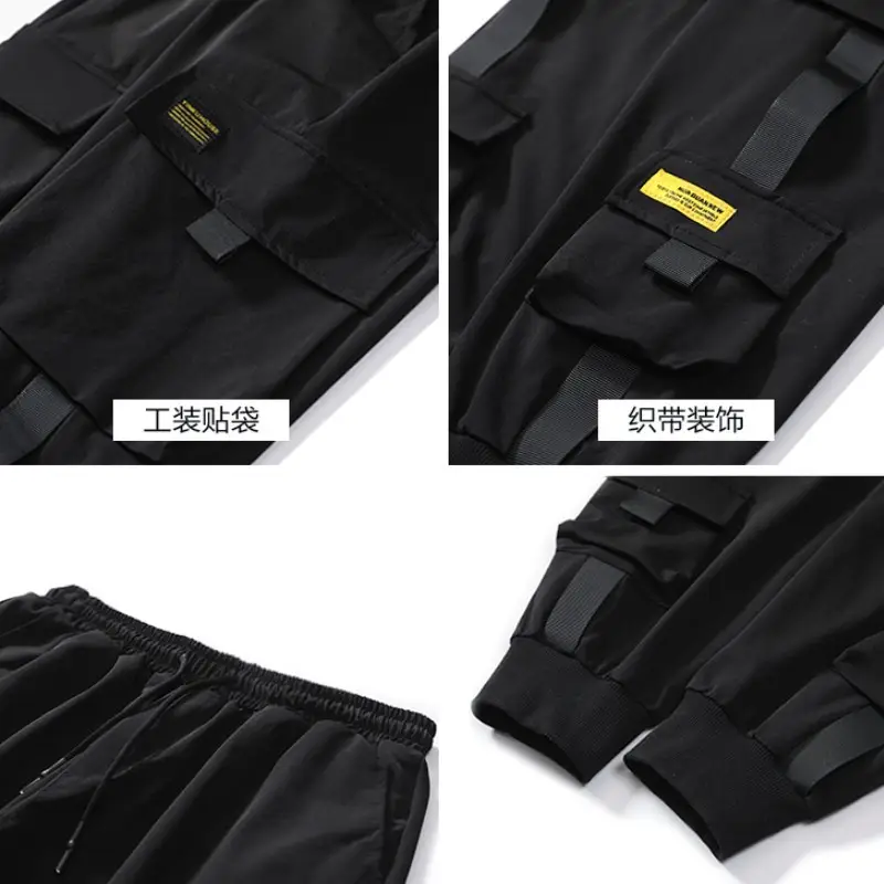 Men Black Hip Hop Ankle-Tied Pants with Cargo Pockets - Image 6