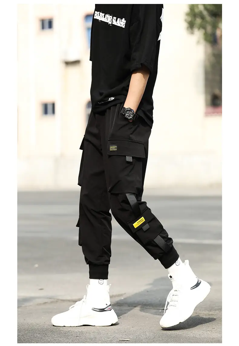 Men Black Hip Hop Ankle-Tied Pants with Cargo Pockets — feature 6