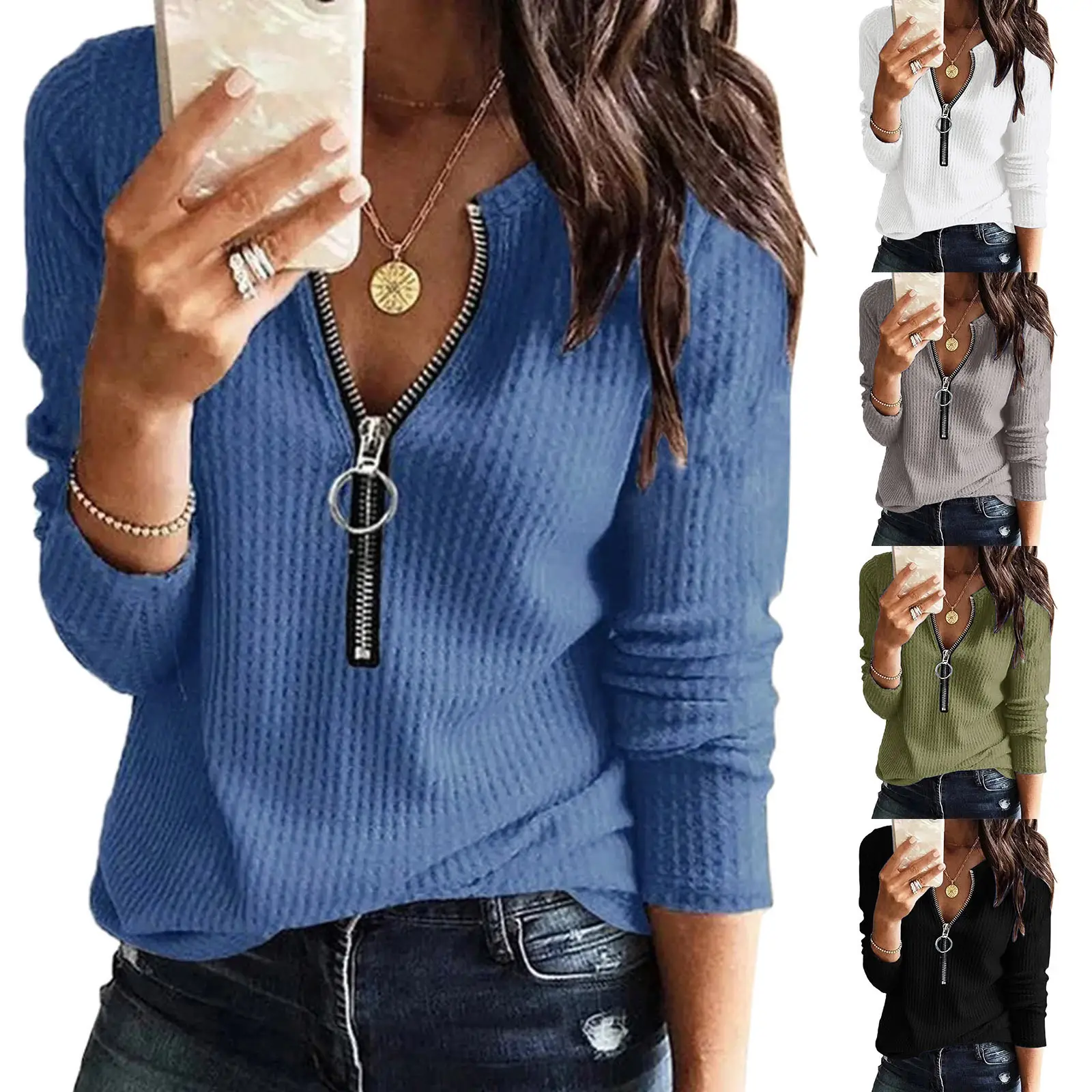 2022 Black V-Neck Zipper Top T-Shirt Women - Image 6
