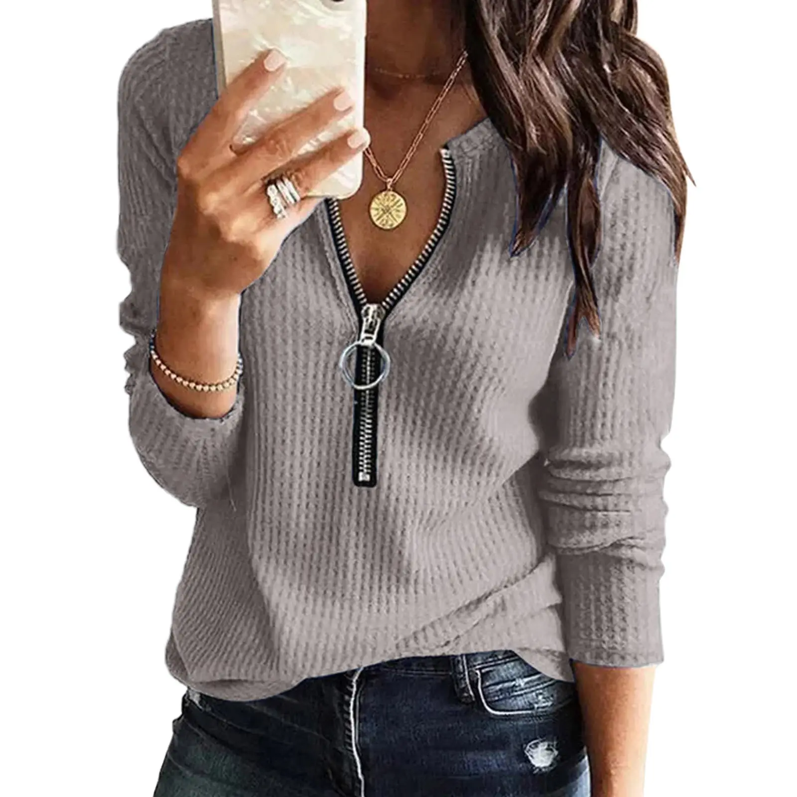 2022 Black V-Neck Zipper Top T-Shirt Women - Image 7