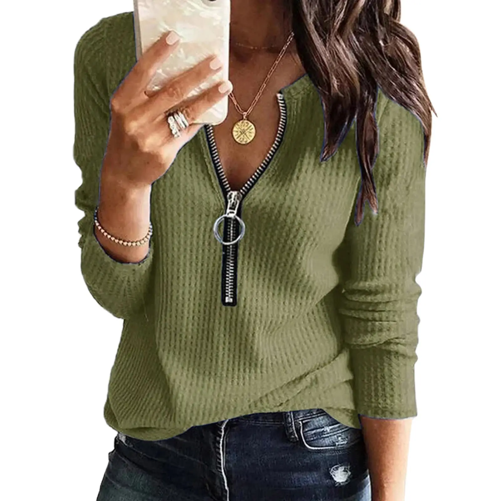 2022 Black V-Neck Zipper Top T-Shirt Women - Image 5