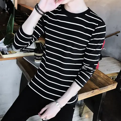 Men's White Striped Long Sleeve T-Shirt - Image 2
