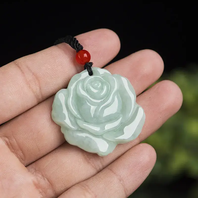 Natural Burma Jade Rose Pendant Ice Green - Image 3