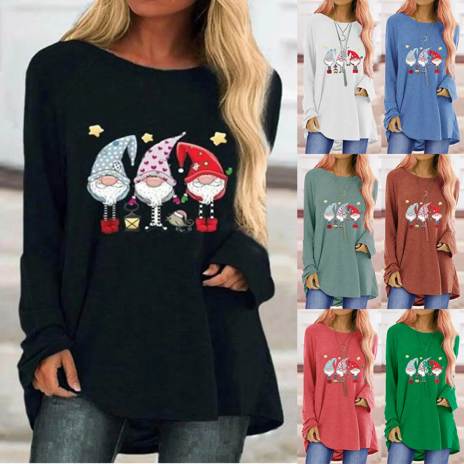Women Santa Claus Printed Long Sleeve T-Shirt Black