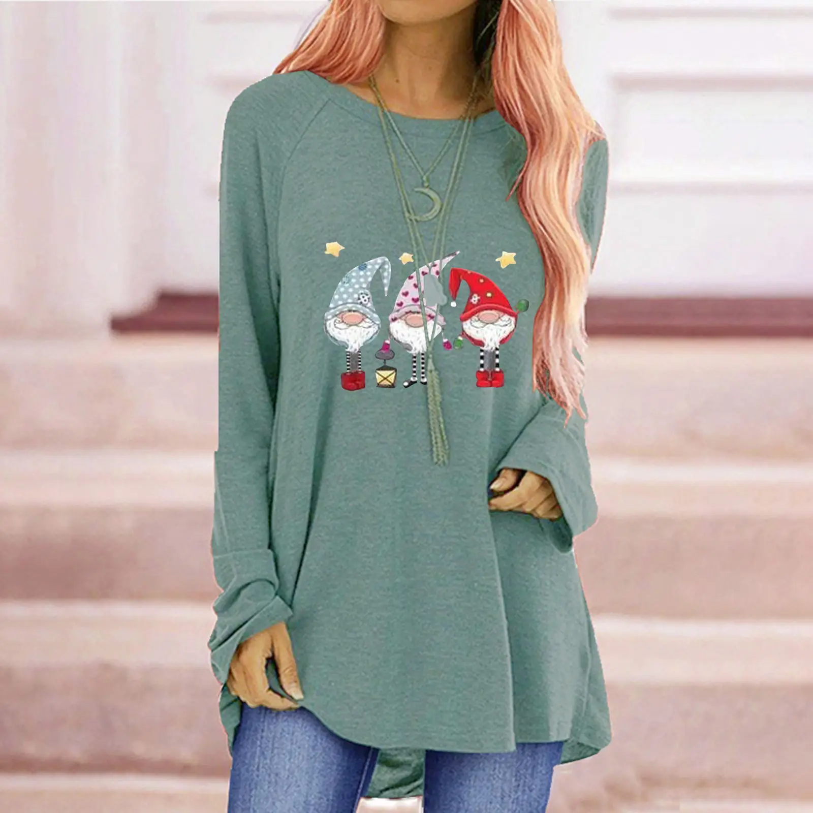 Women Santa Claus Printed Long Sleeve T-Shirt Black