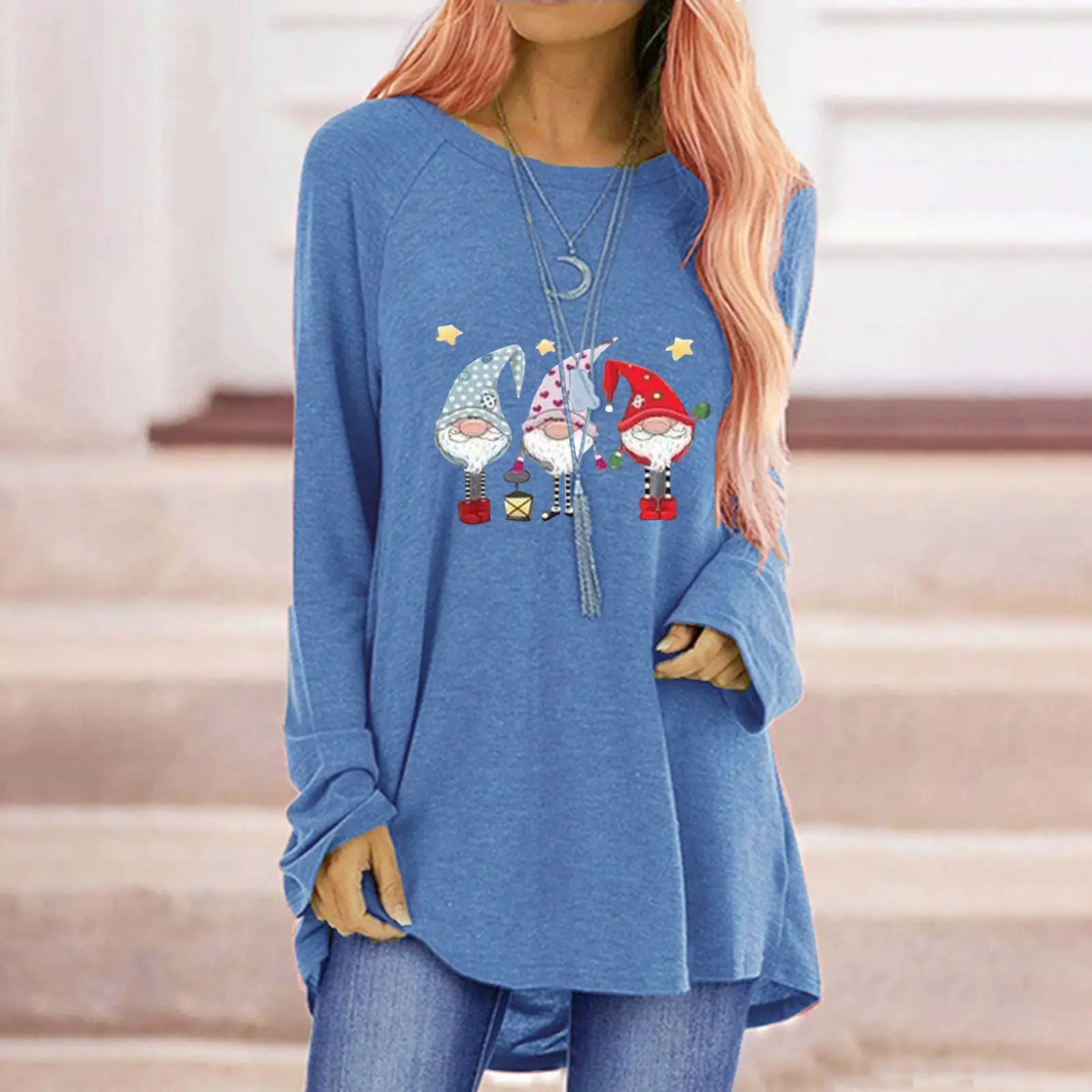 Women Santa Claus Printed Long Sleeve T-Shirt Black