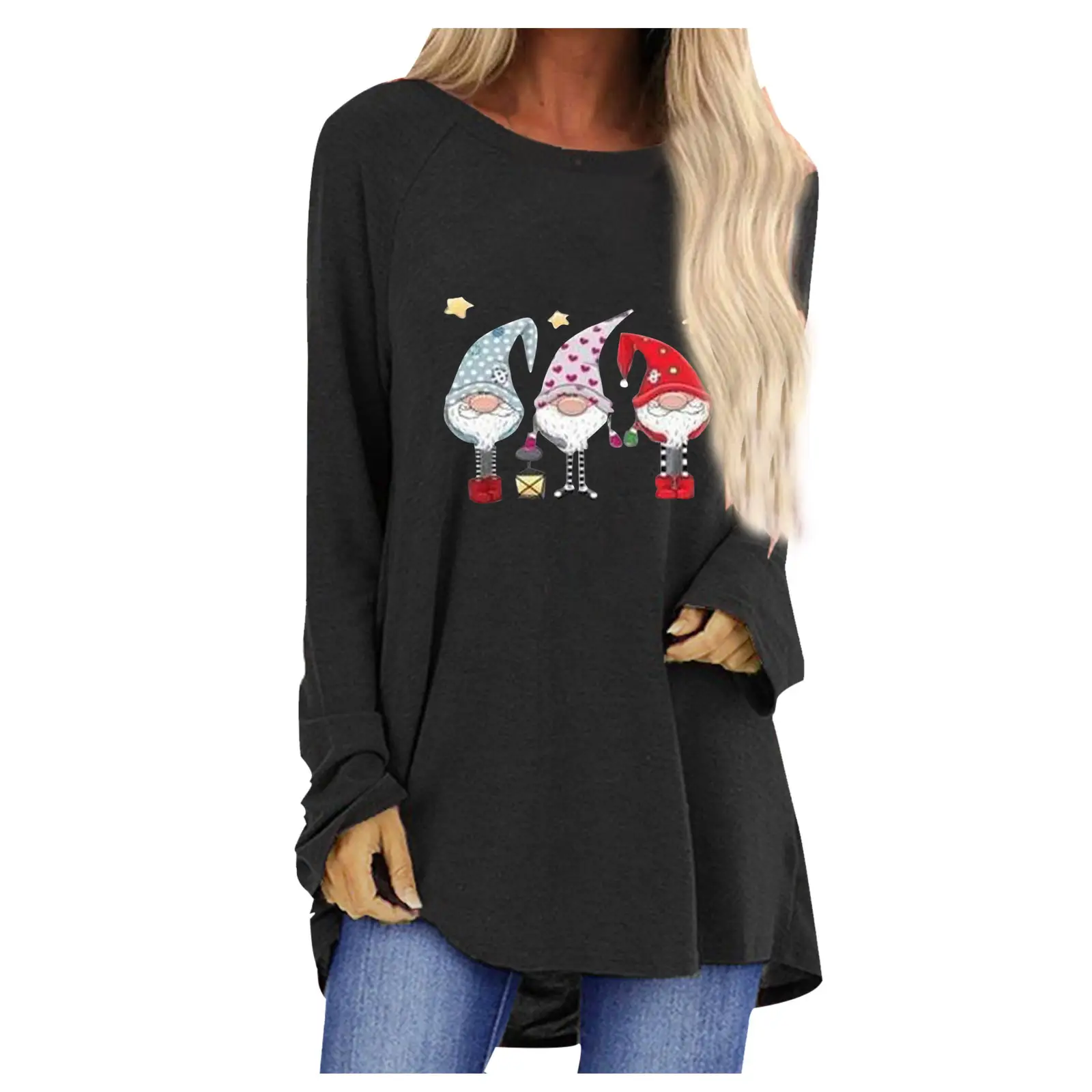 Women Santa Claus Printed Long Sleeve T-Shirt Black
