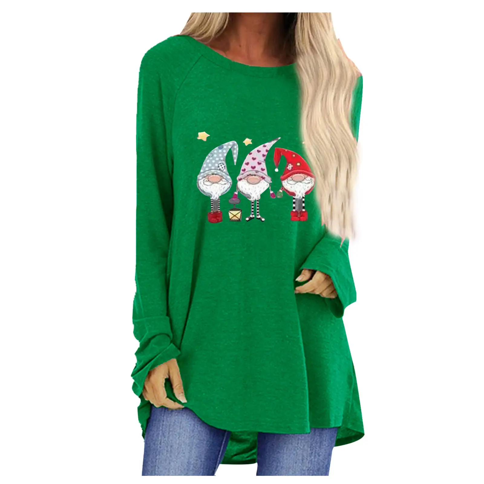 Women Santa Claus Printed Long Sleeve T-Shirt Black