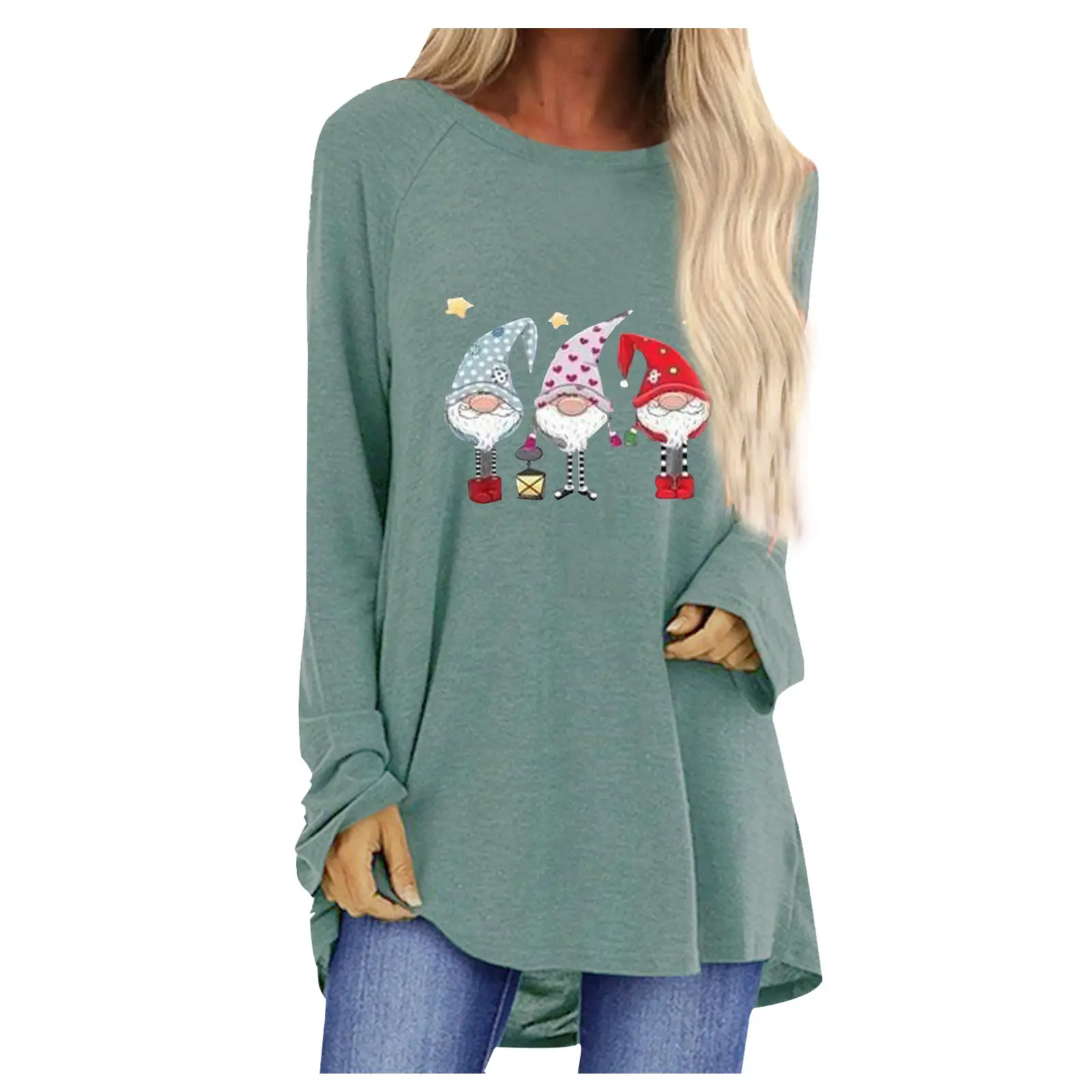 Women Santa Claus Printed Long Sleeve T-Shirt Black