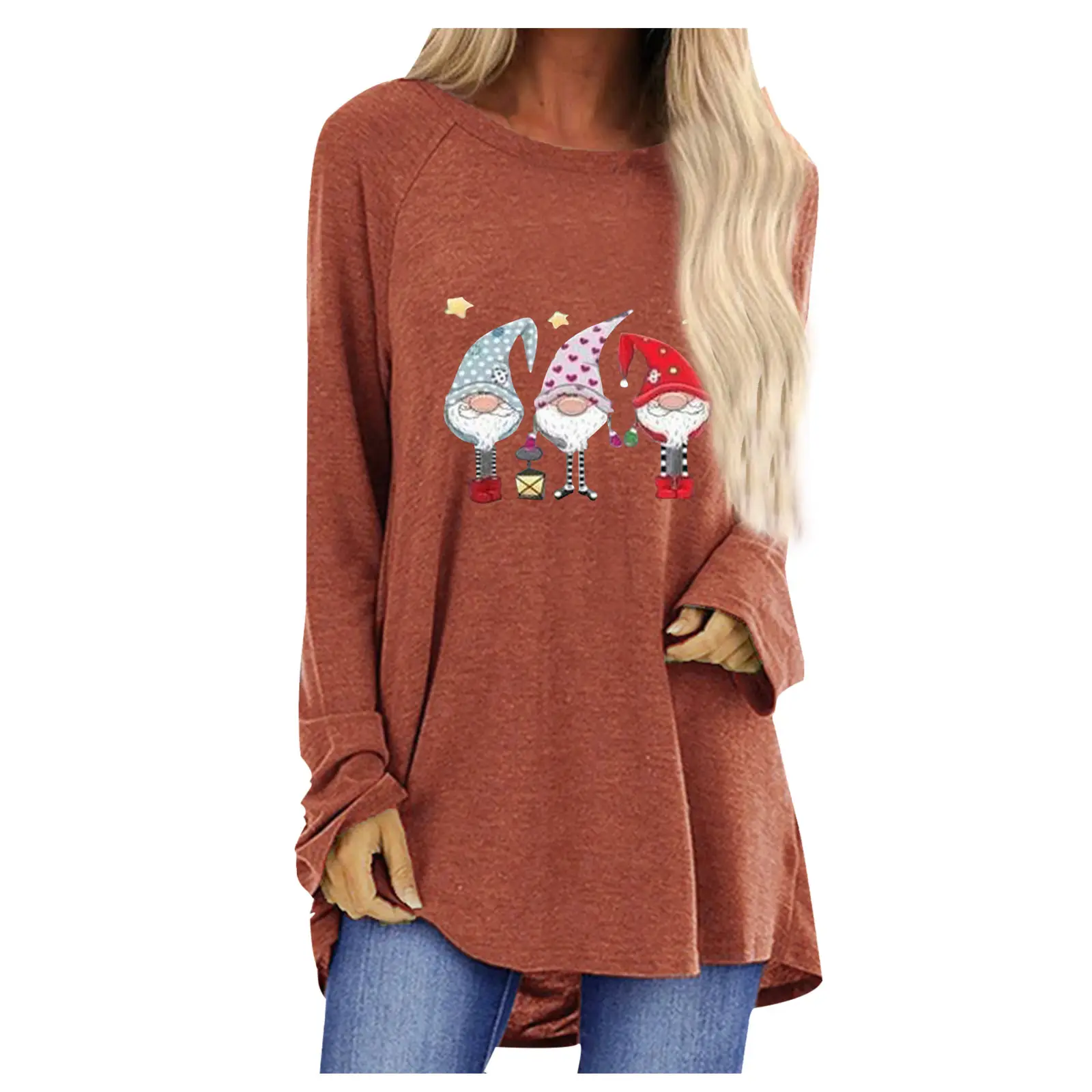 Women Santa Claus Printed Long Sleeve T-Shirt Black