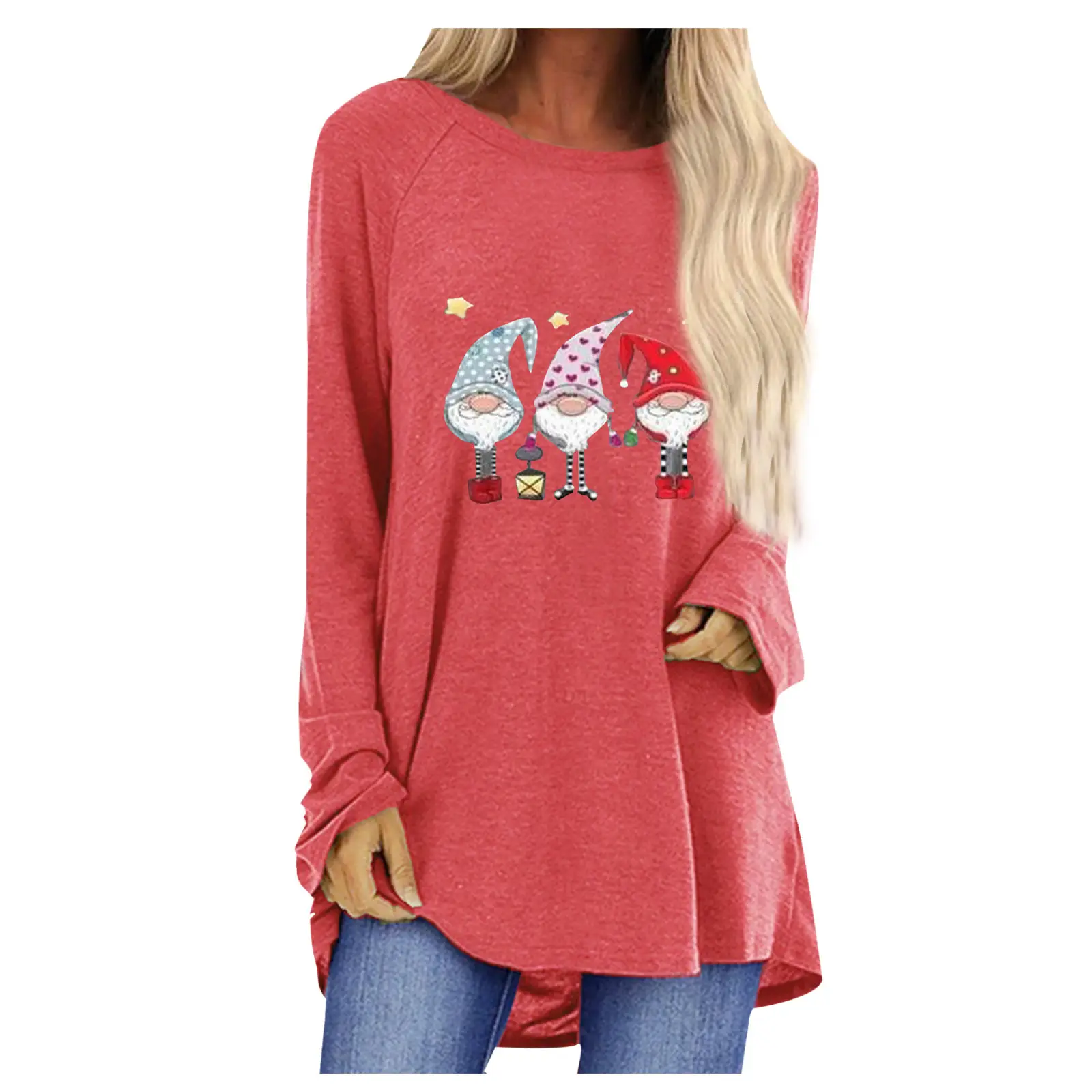 Women Santa Claus Printed Long Sleeve T-Shirt Black