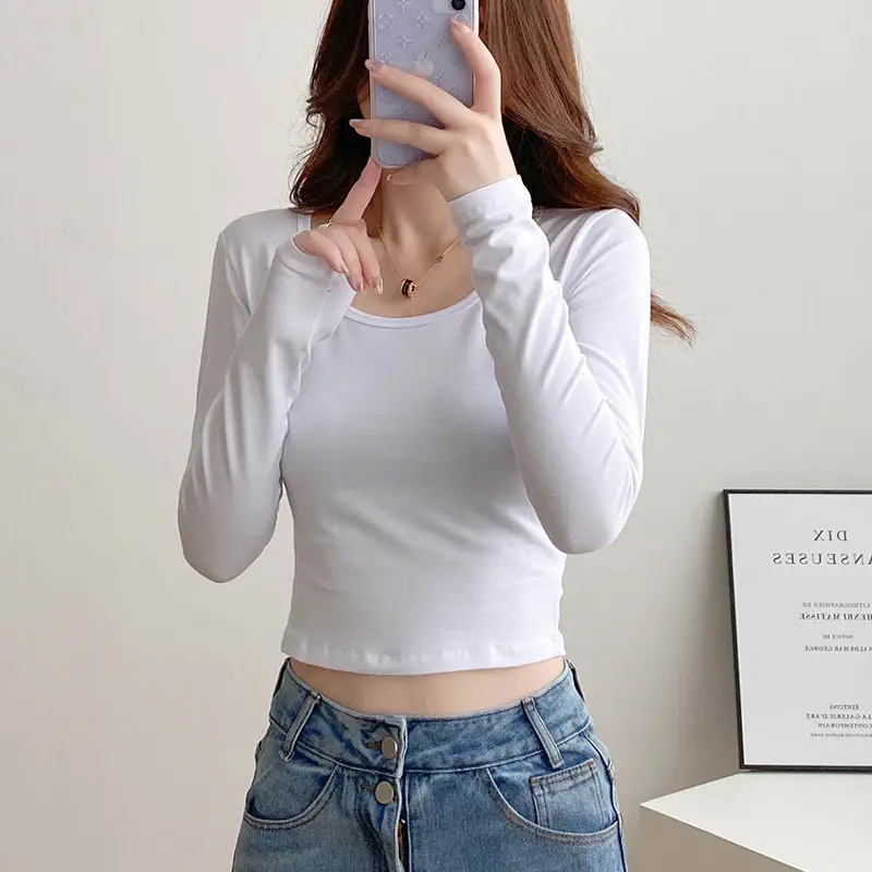 Women's White Slim Fit Long Sleeve Top with Round Neck - Image 10