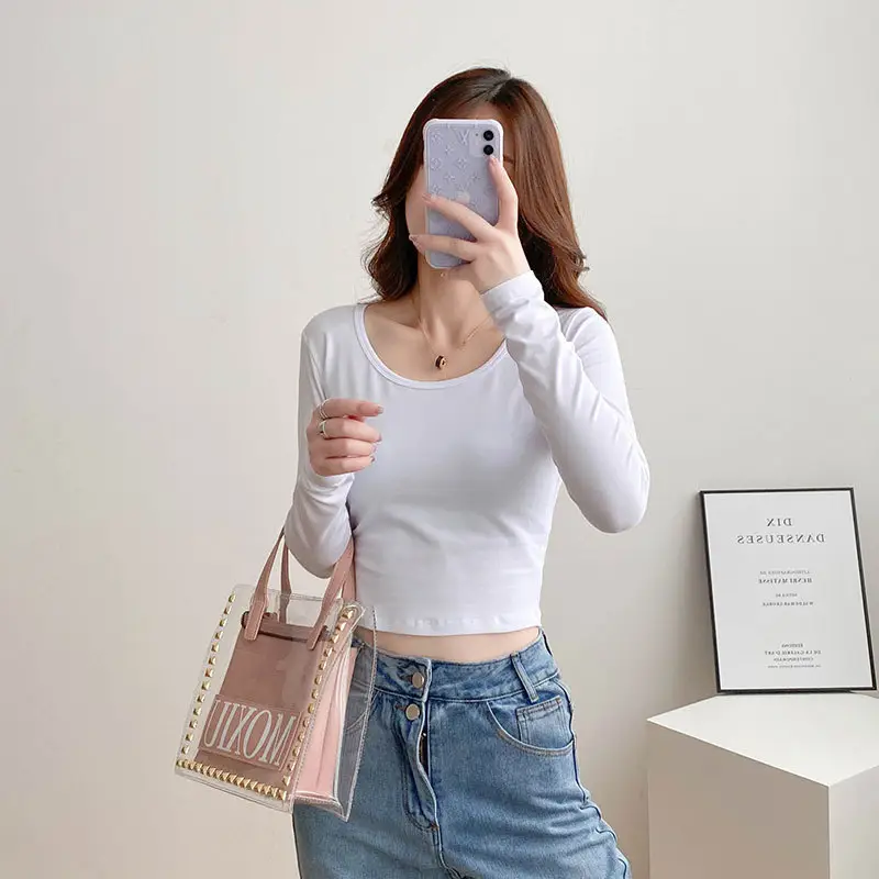 Women's White Slim Fit Long Sleeve Top with Round Neck - Image 11