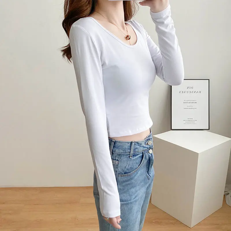 Women's White Slim Fit Long Sleeve Top with Round Neck - Image 12