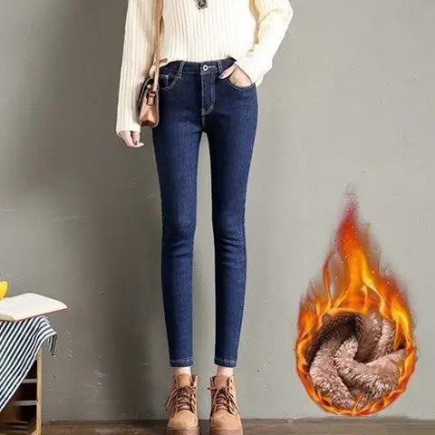 Fleece Lined Thickened Jeans Women Winter 2021 High Waist Elastic Large - Image 3