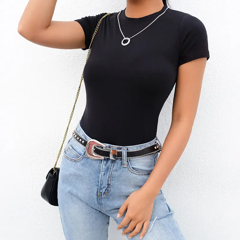 Women 2024 Summer T-Shirt White Round Neck Short Sleeve - Image 5