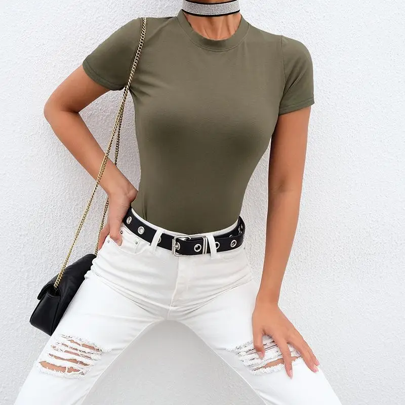 Women 2024 Summer T-Shirt White Round Neck Short Sleeve - Image 3