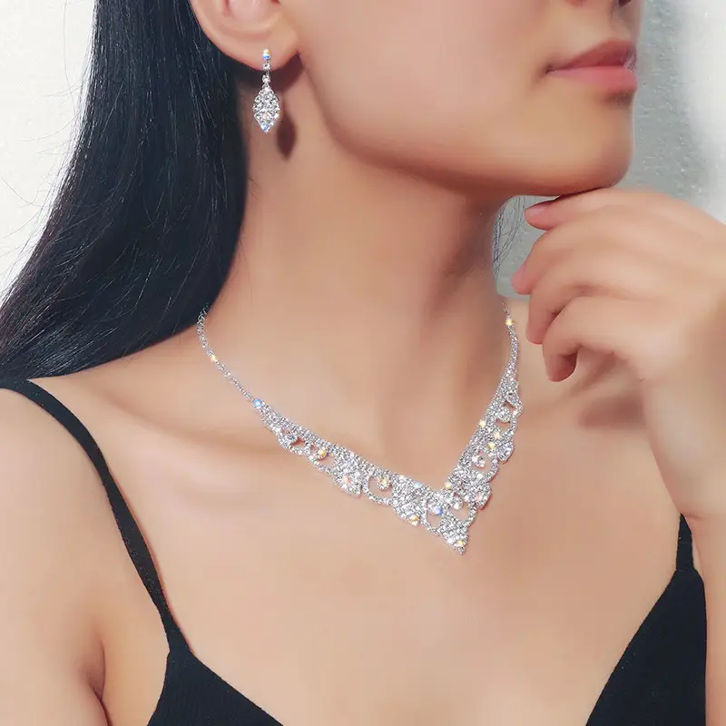 Full Diamond Rhinestone Necklace Earrings Set for Women - Image 9